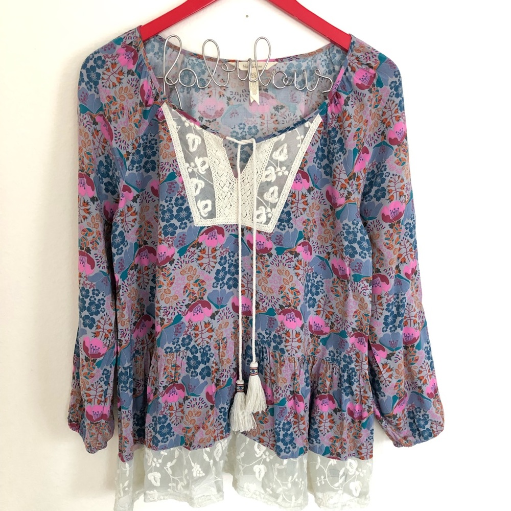 Matilda Jane Woman’s XS Floral Top Once Upon A Time Lace & Tassels